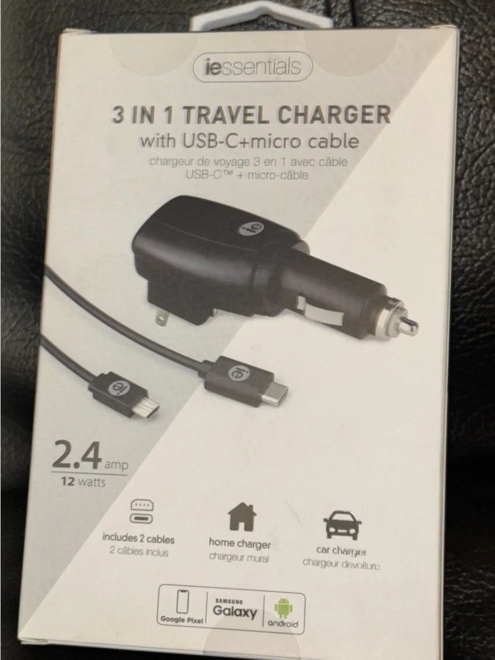 Essentials Black 3-in-1 Travel Charger with USB-C and Micro-USB Cables